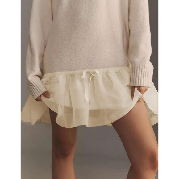 Women Turtleneck Knit Mini Dress with Tulle Hem Ribbed Sweater for Casual - Picture 3 of 7